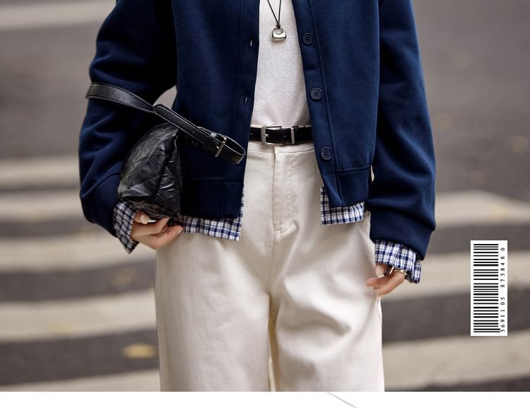 Crewneck Plaid Trim Cardigan
