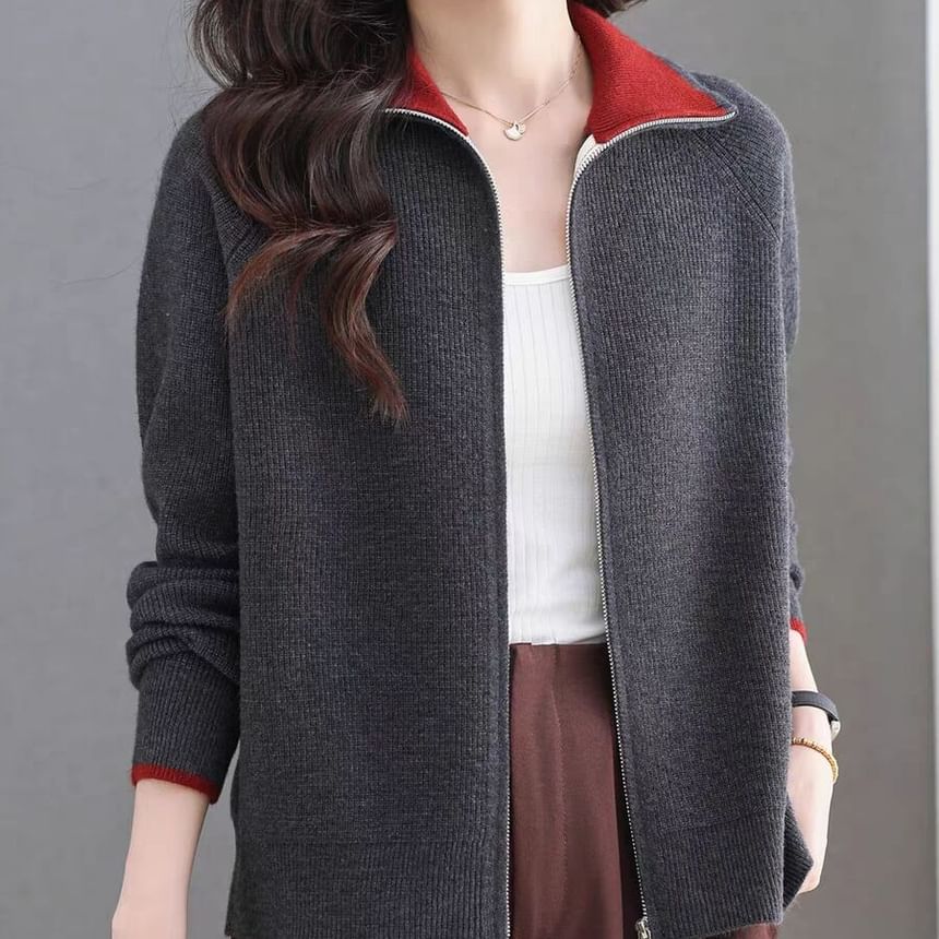 Zip-Up Plain Cardigan