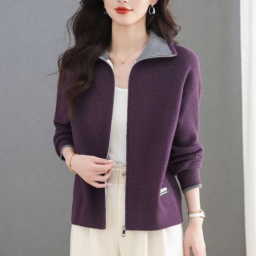 Zip-Up Plain Cardigan