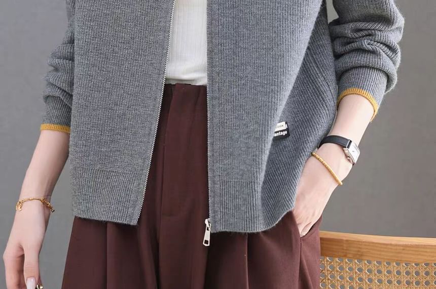Zip-Up Plain Cardigan