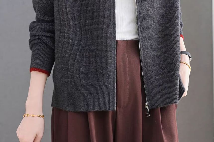 Zip-Up Plain Cardigan