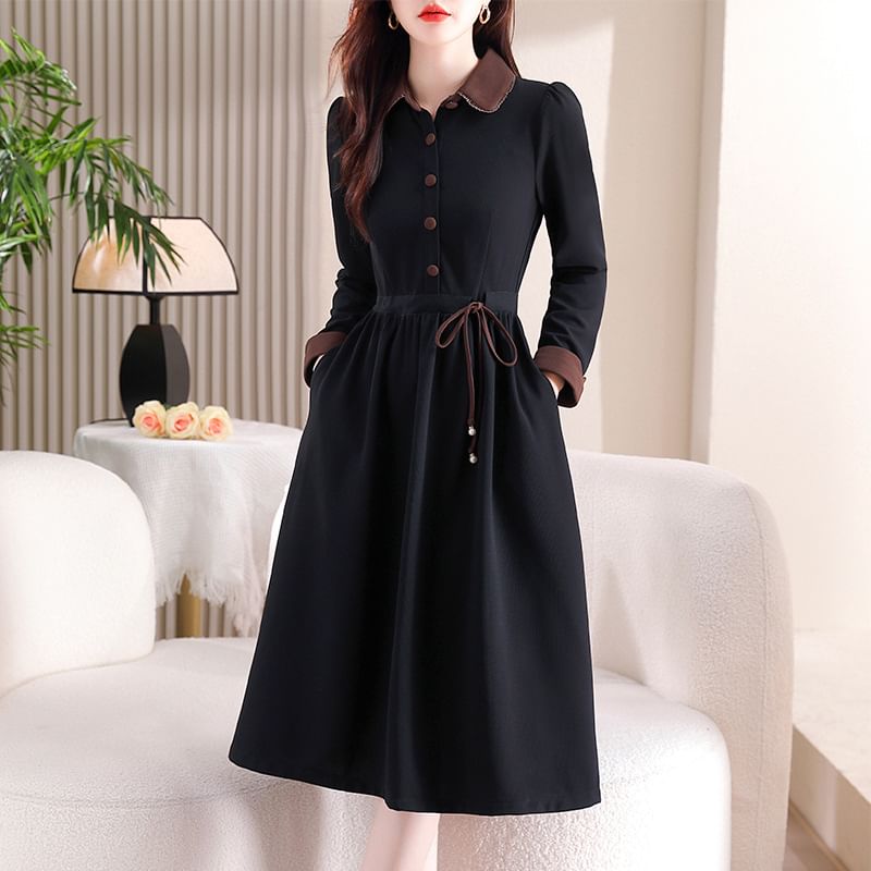 Long-Sleeve Two Tone Collared Half Buttoned Maxi A-Line Dress