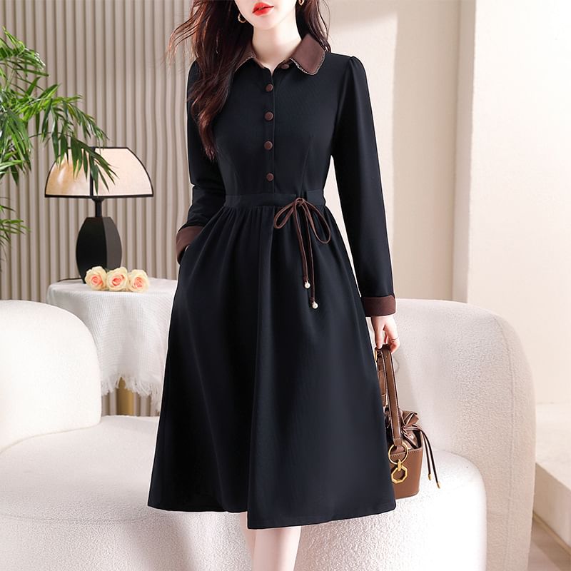 Long-Sleeve Two Tone Collared Half Buttoned Maxi A-Line Dress