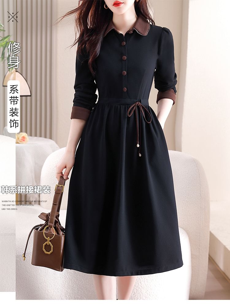 Long-Sleeve Two Tone Collared Half Buttoned Maxi A-Line Dress