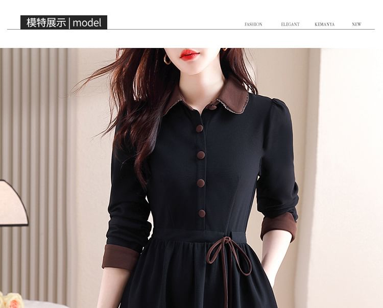 Long-Sleeve Two Tone Collared Half Buttoned Maxi A-Line Dress