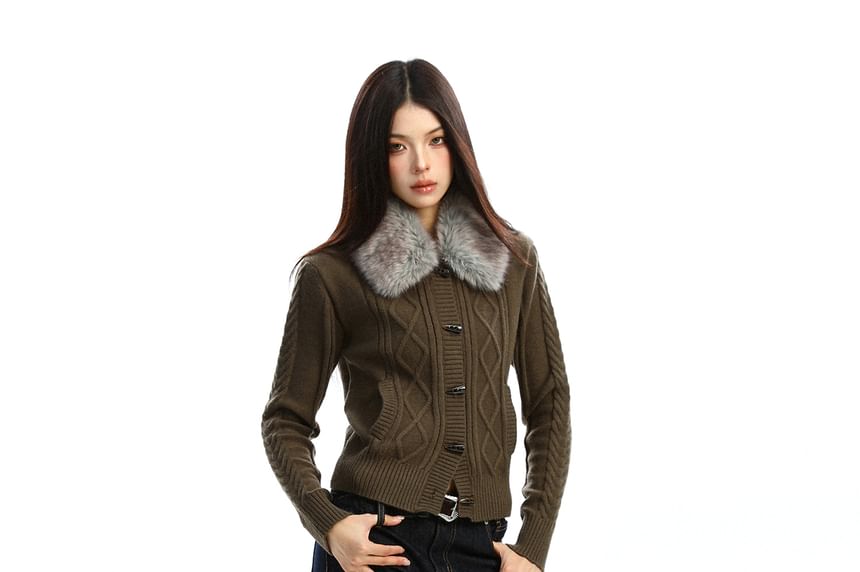 Faux Fur Collar Cable Knit Toggle Cardigan