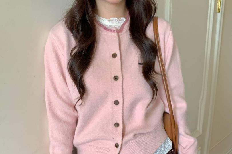 Crewneck Button-Up Plain Crop Cardigan