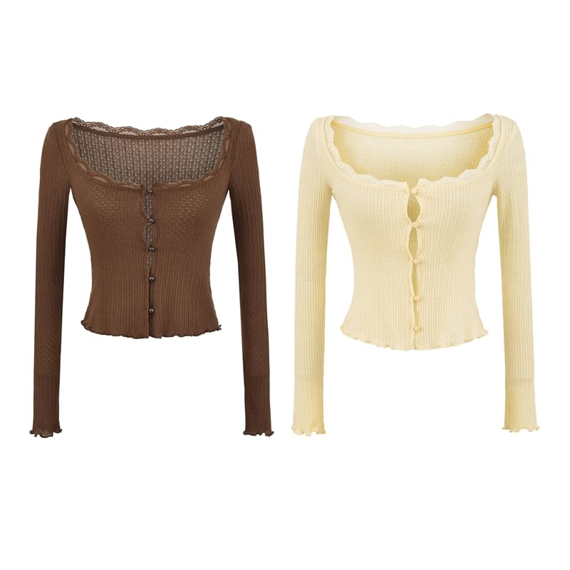 Scoop Neck Lace Trim Lettuce Edge Button-Up Crop Cardigan