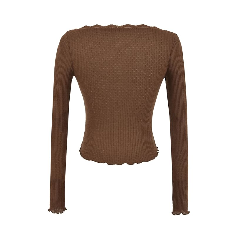 Scoop Neck Lace Trim Lettuce Edge Button-Up Crop Cardigan