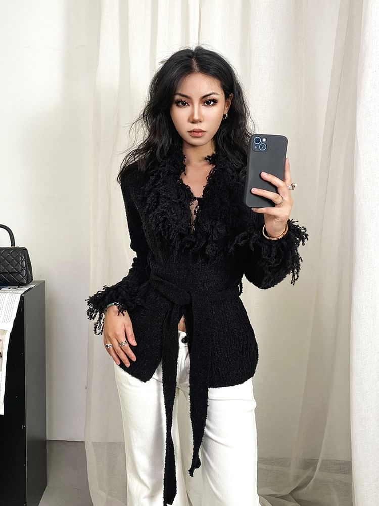 Collared Plain Fringed Tie Waist Cardigan