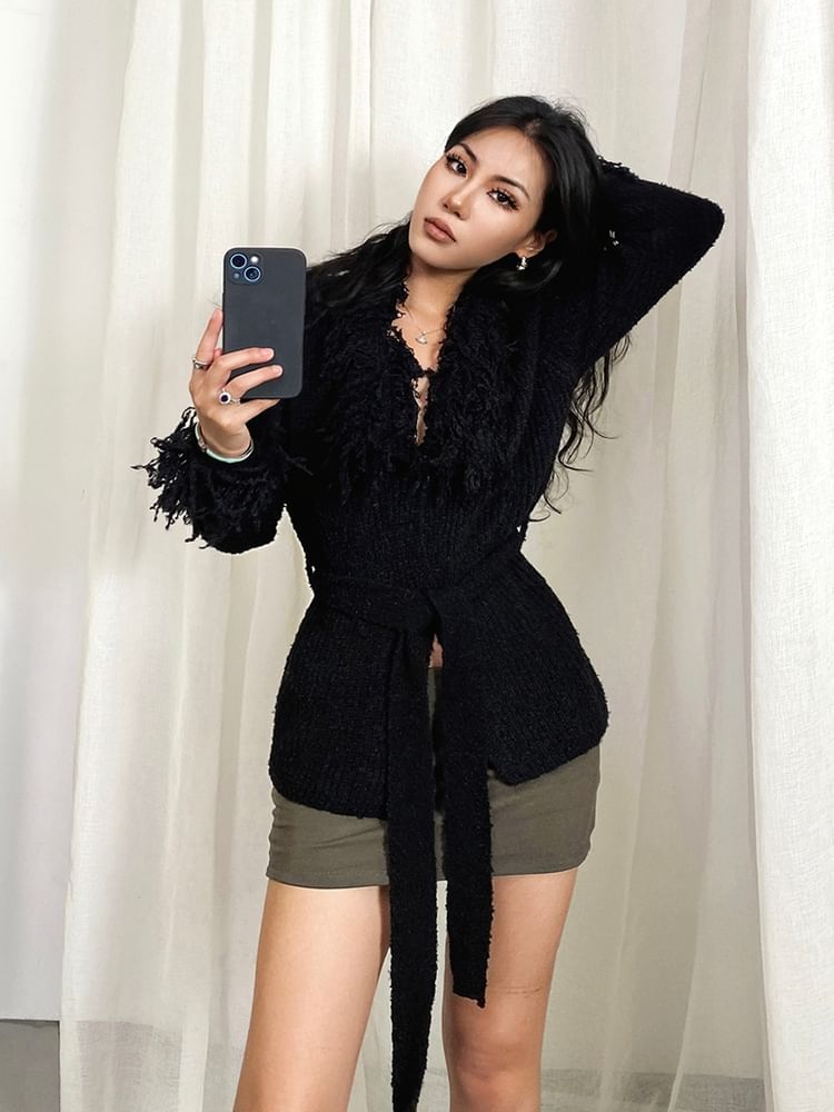 Collared Plain Fringed Tie Waist Cardigan