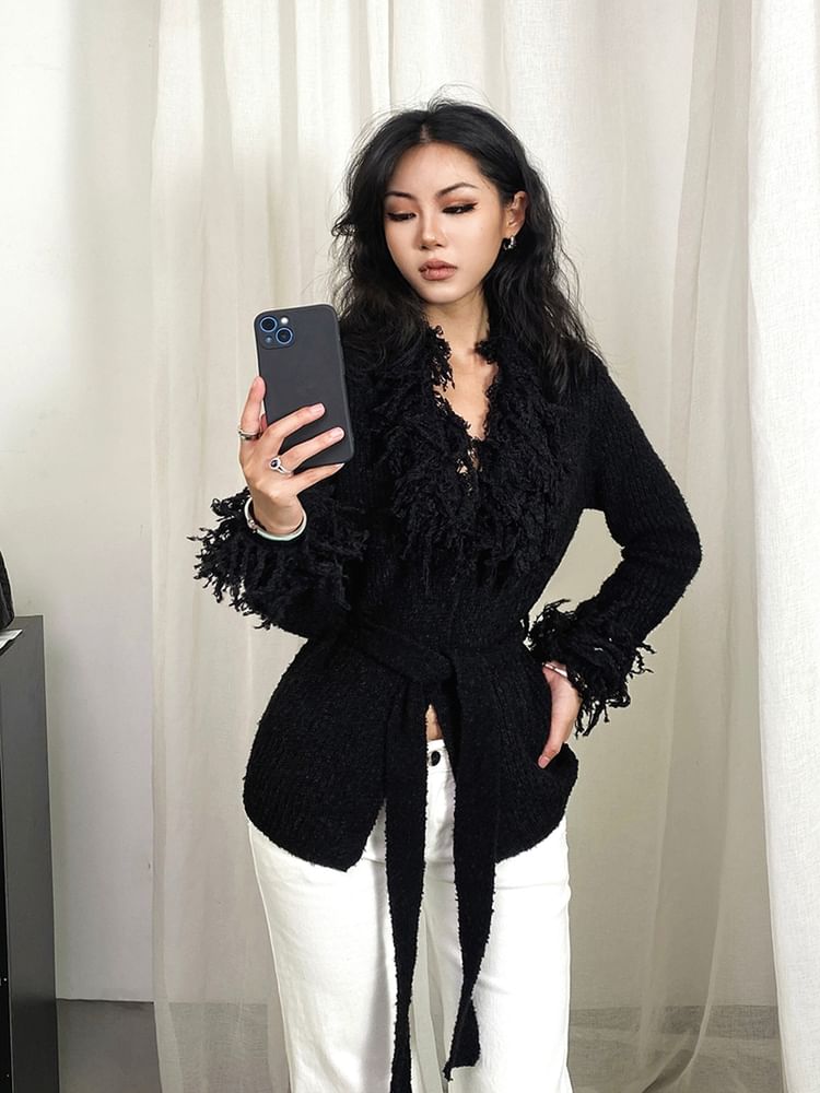 Collared Plain Fringed Tie Waist Cardigan
