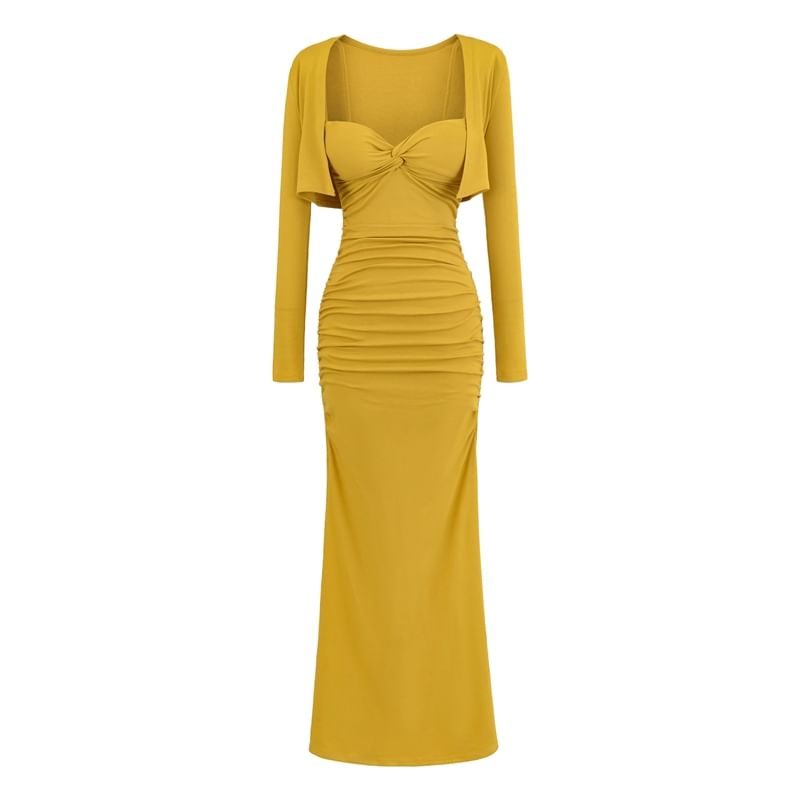 Set: Plain Open Front Crop Cardigan + Spaghetti Strap Ruched Maxi Mermaid Dress
