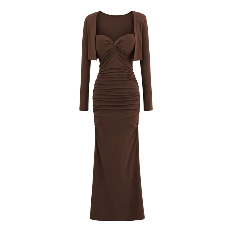 Set: Plain Open Front Crop Cardigan + Spaghetti Strap Ruched Maxi Mermaid Dress