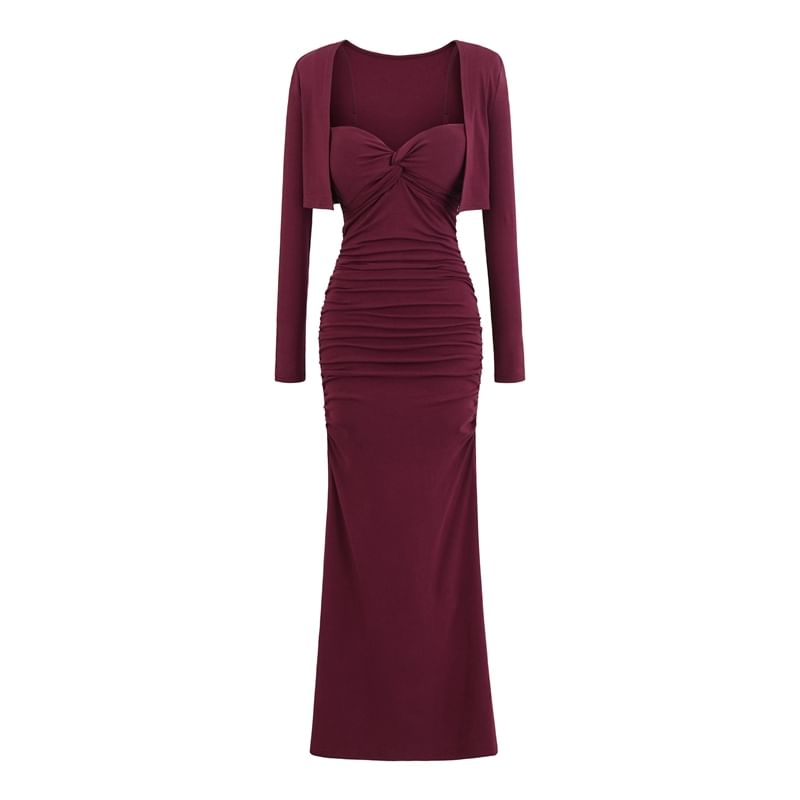 Set: Plain Open Front Crop Cardigan + Spaghetti Strap Ruched Maxi Mermaid Dress