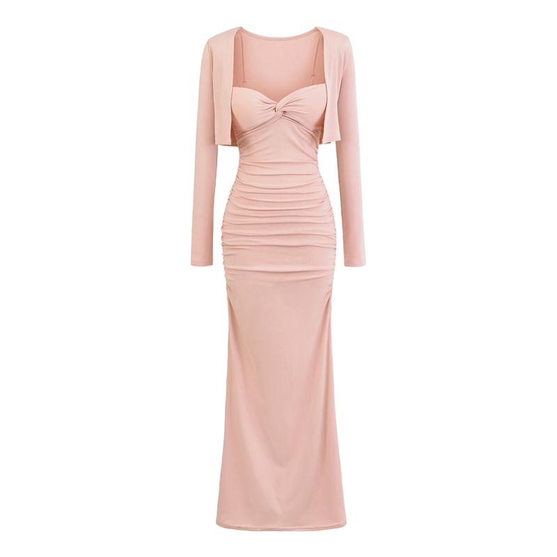 Set: Plain Open Front Crop Cardigan + Spaghetti Strap Ruched Maxi Mermaid Dress