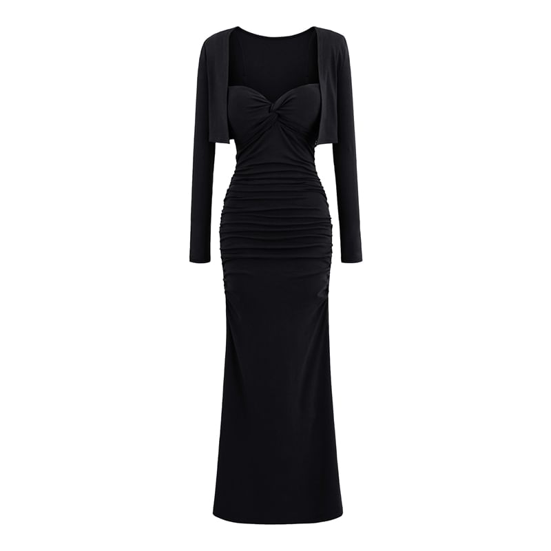 Set: Plain Open Front Crop Cardigan + Spaghetti Strap Ruched Maxi Mermaid Dress