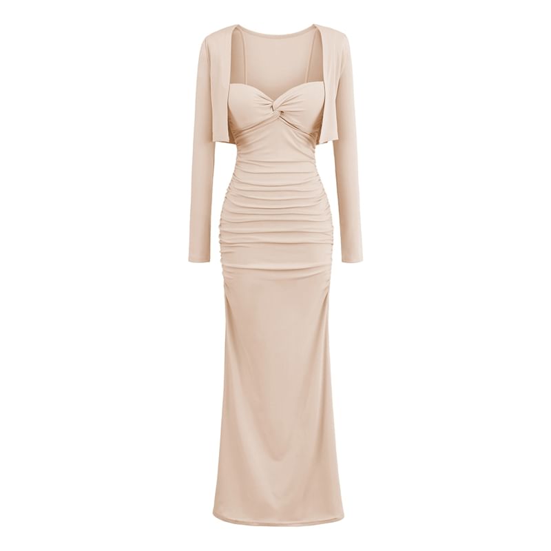 Set: Plain Open Front Crop Cardigan + Spaghetti Strap Ruched Maxi Mermaid Dress