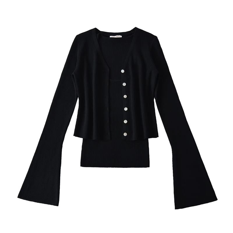 Set: V-Neck Button-Up Plain Crop Cardigan + Cami Top
