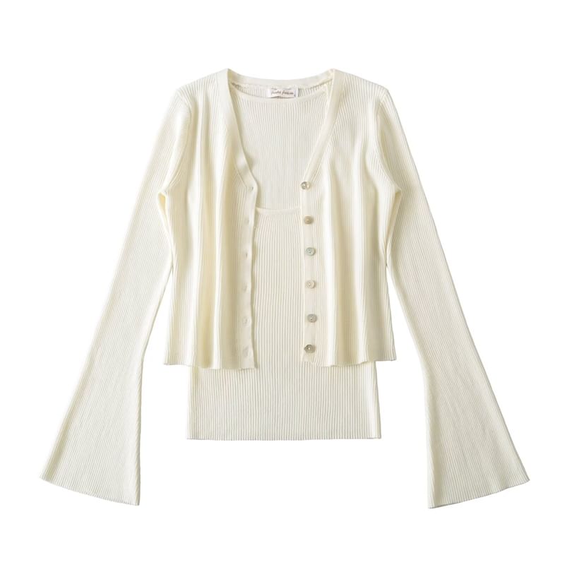 Set: V-Neck Button-Up Plain Crop Cardigan + Cami Top