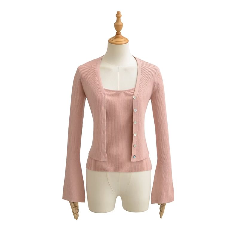 Set: V-Neck Button-Up Plain Crop Cardigan + Cami Top