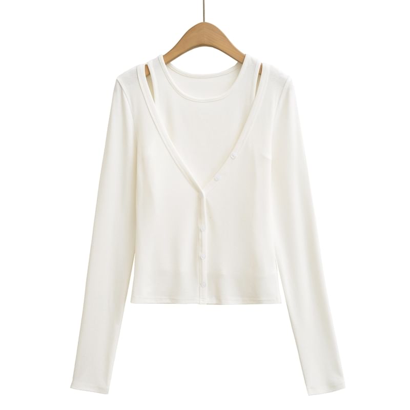 Set: Crew Neck Plain Crop Tank Top + V-Neck Button-Up Cardigan