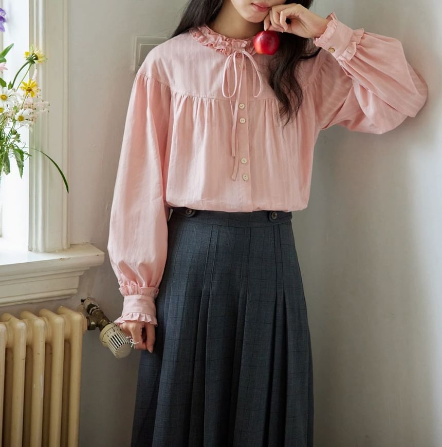 Long-Sleeve Plain Bow Frill Trim Blouse