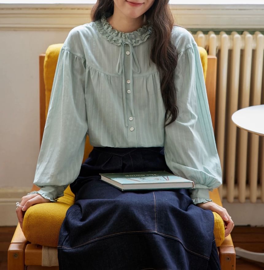 Long-Sleeve Plain Bow Frill Trim Blouse