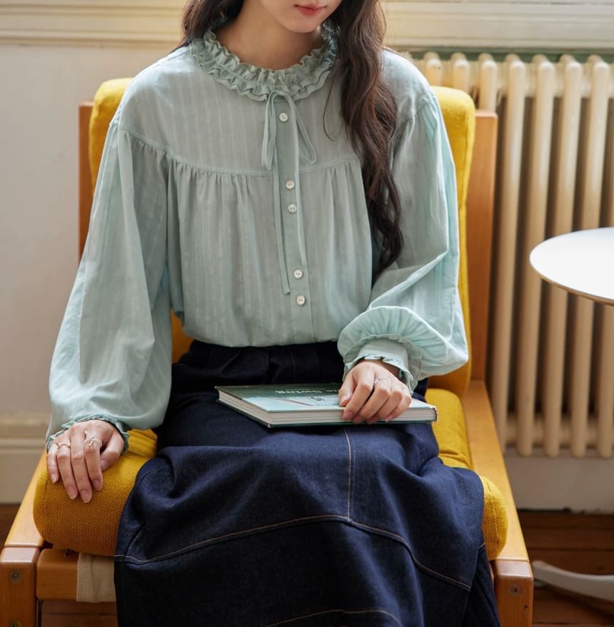 Long-Sleeve Plain Bow Frill Trim Blouse