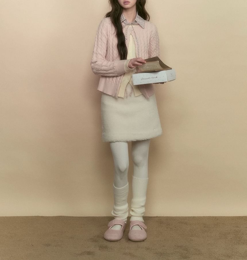 Mock Two-Piece Plaid Collar Bow Cable Knit Cardigan