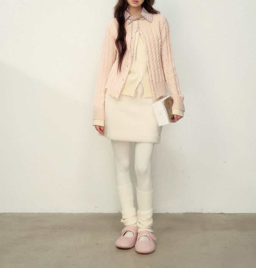 Mock Two-Piece Plaid Collar Bow Cable Knit Cardigan