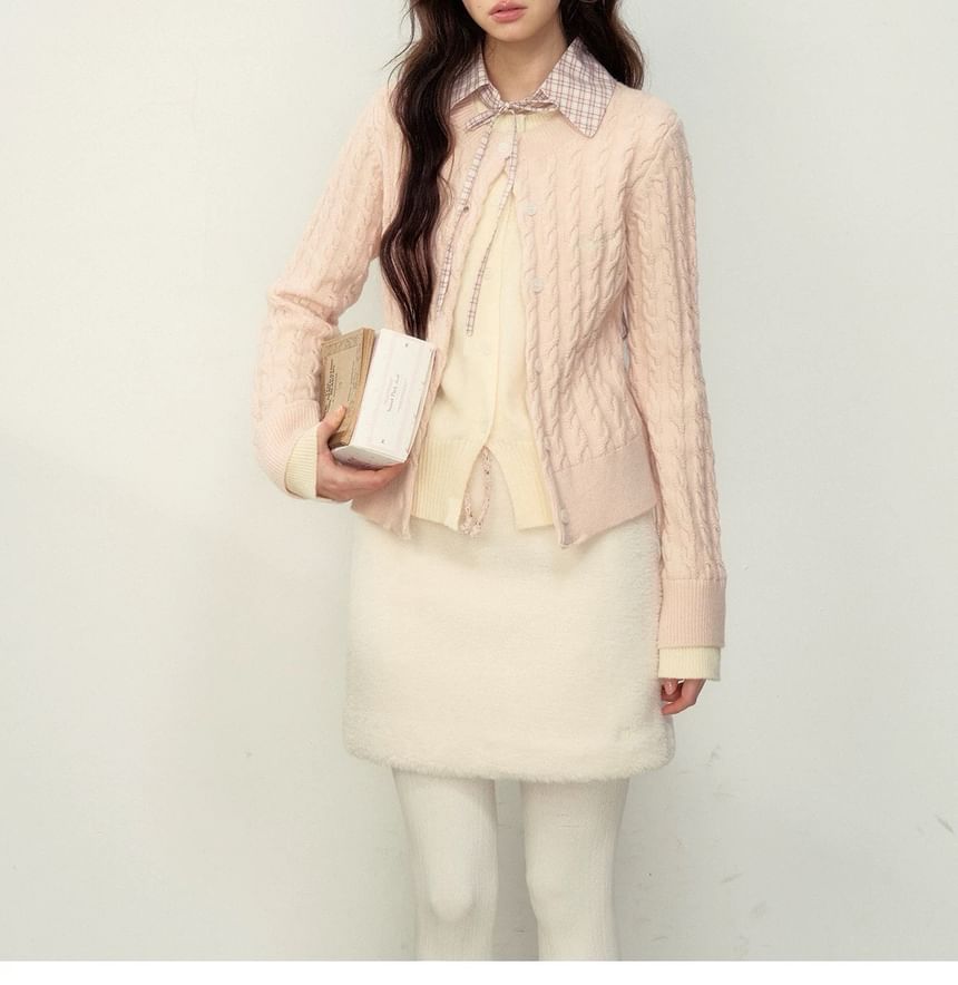 Mock Two-Piece Plaid Collar Bow Cable Knit Cardigan