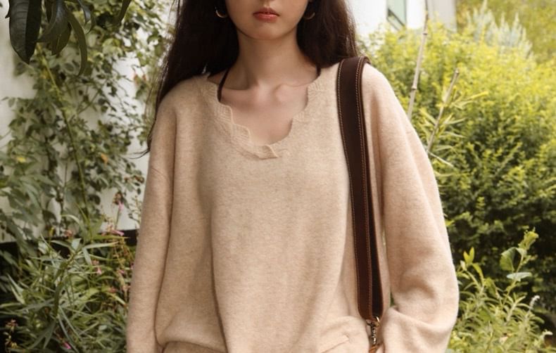 V-Neck Melange Drawstring Sweater