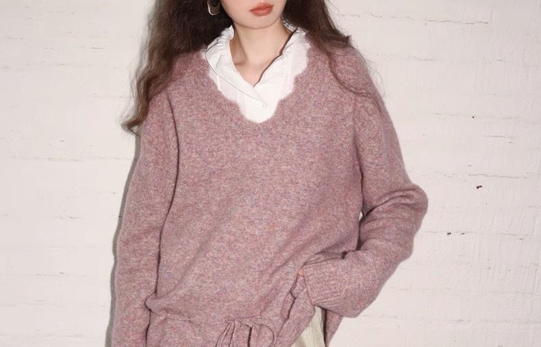 V-Neck Melange Drawstring Sweater