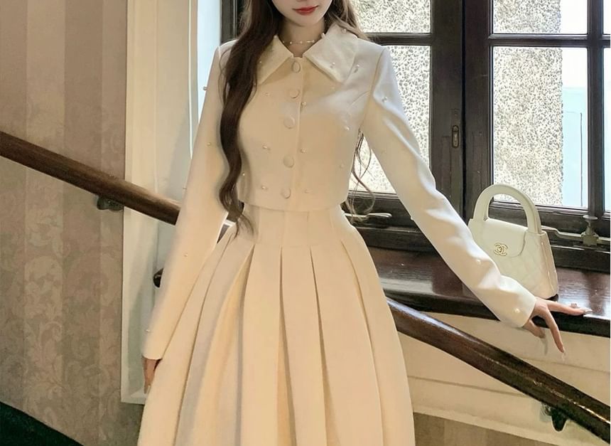 Collar Plain Faux Pearl Cropped Button Jacket / High Rise Maxi A-Line Skirt