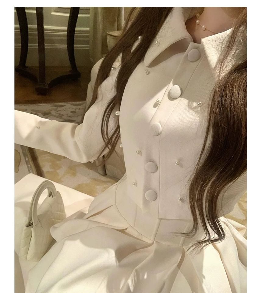 Collar Plain Faux Pearl Cropped Button Jacket / High Rise Maxi A-Line Skirt