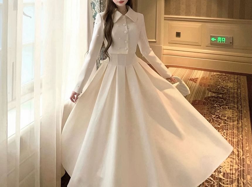 Collar Plain Faux Pearl Cropped Button Jacket / High Rise Maxi A-Line Skirt