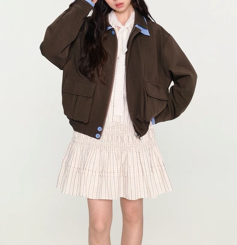 Collar Trim Zip Jacket and High Rise Pleated Skirt