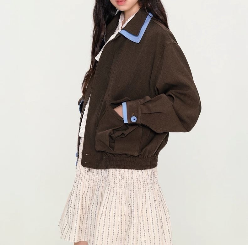 Collar Contrast Trim Zip Jacket / High Rise Pleated A-Line Skirt