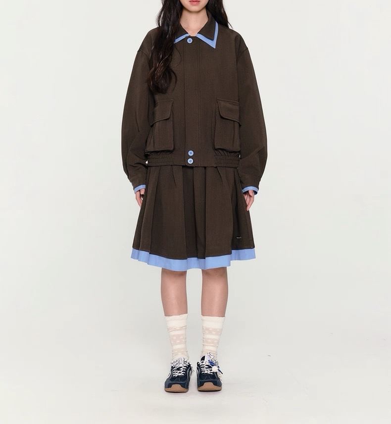 Collar Contrast Trim Zip Jacket / High Rise Pleated A-Line Skirt