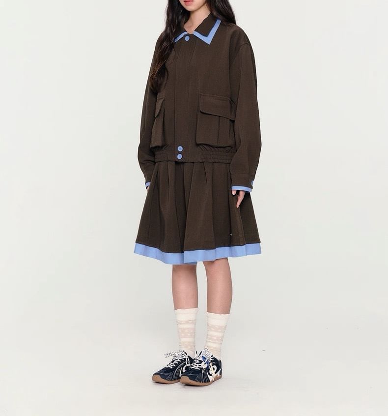 Collar Contrast Trim Zip Jacket / High Rise Pleated A-Line Skirt