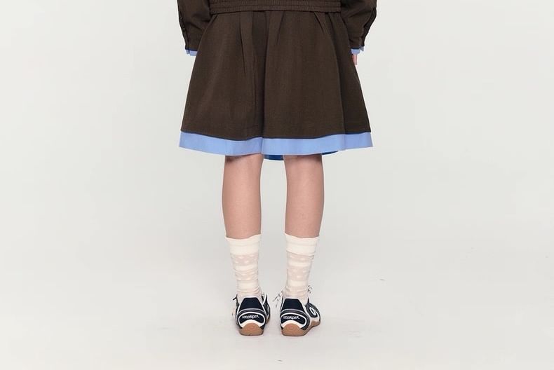 Collar Trim Zip Jacket and High Rise Pleated Skirt