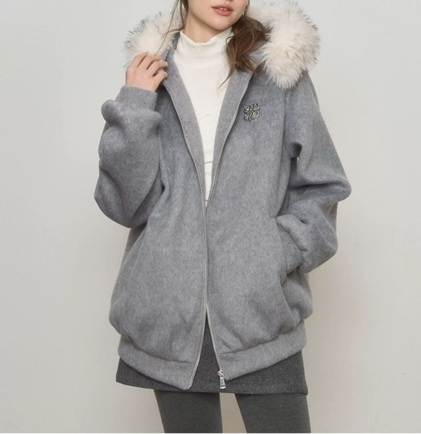 Melange Contrast Fluffy Trim Zip Hoodie
