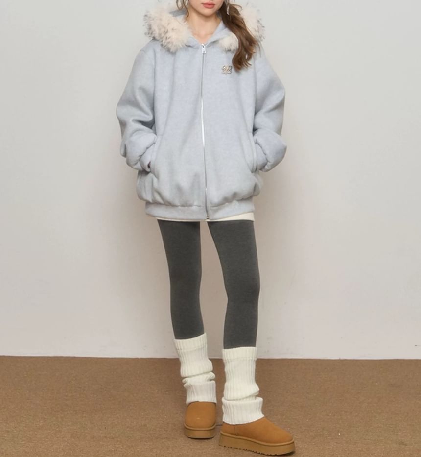 Melange Contrast Fluffy Trim Zip Hoodie