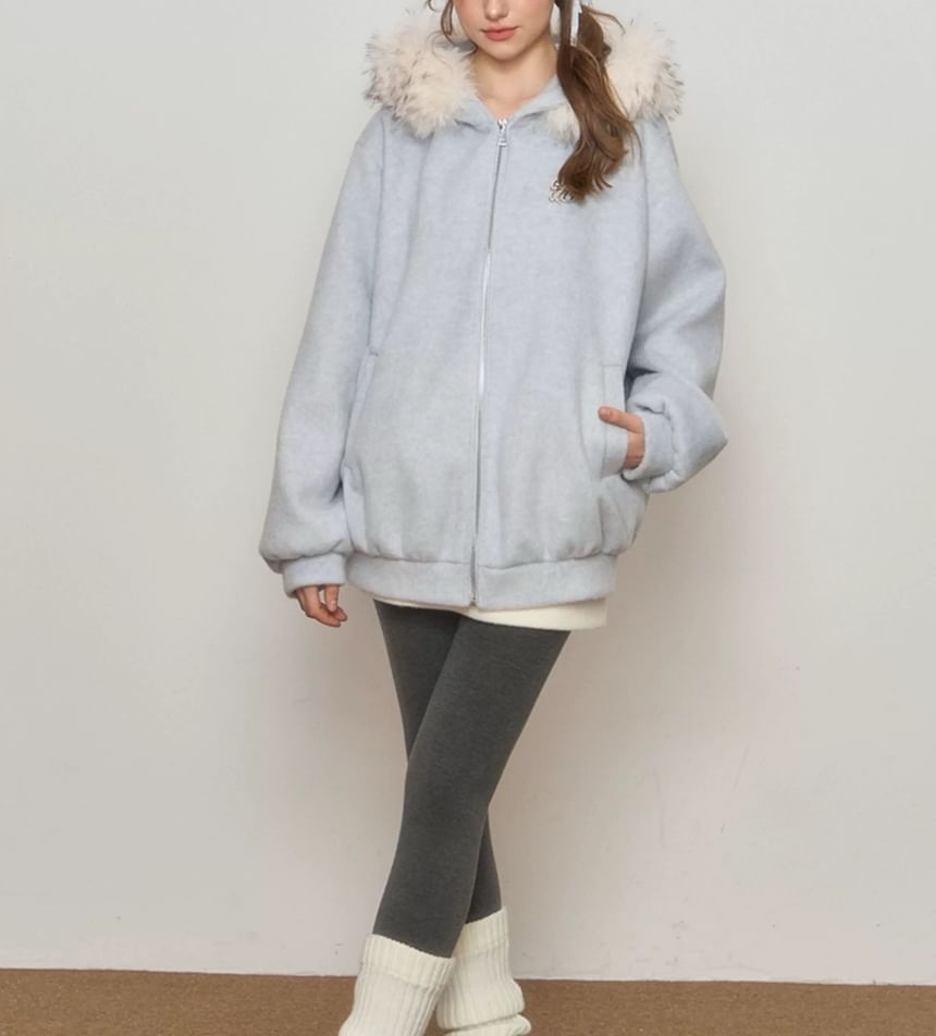 Melange Contrast Fluffy Trim Zip Hoodie