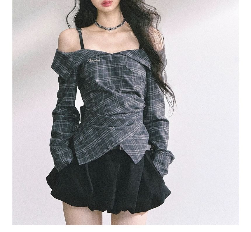 Long-Sleeve Cold-Shoulder Plaid Ruched Asymmetrical Shirt / High Waist Plain Bubble Hem Mini A-Line Skirt