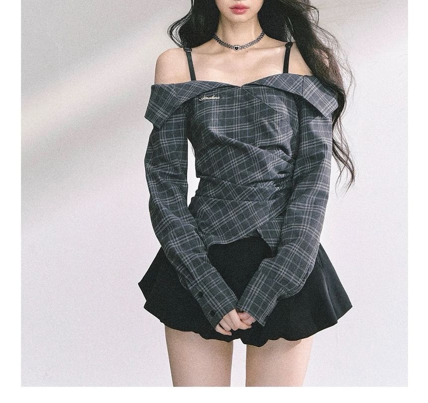 Long-Sleeve Cold-Shoulder Plaid Ruched Asymmetrical Shirt / High Waist Plain Bubble Hem Mini A-Line Skirt