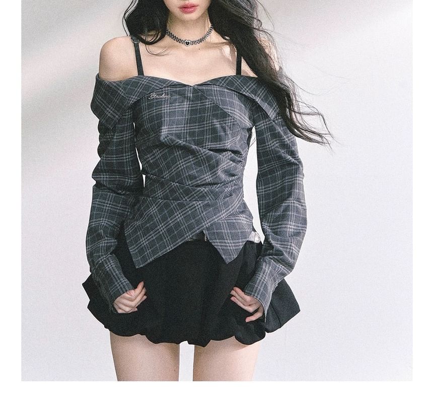 Long-Sleeve Cold-Shoulder Plaid Ruched Asymmetrical Shirt / High Waist Plain Bubble Hem Mini A-Line Skirt