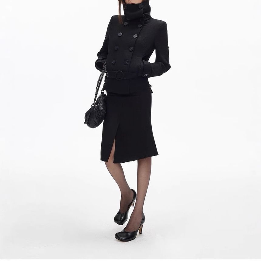 Turtleneck Belted Double-Breasted Jacket