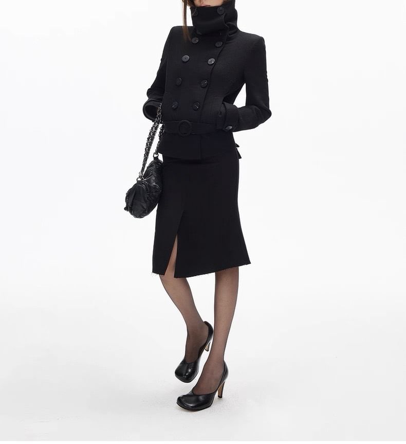 Turtleneck Belted Double-Breasted Jacket